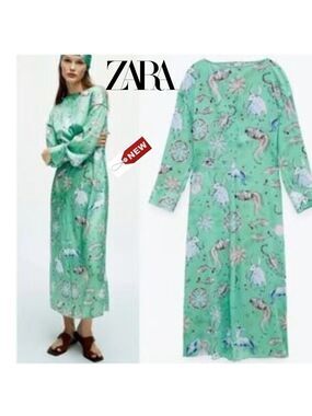 Zara Zodiac print satin midi maxi dress in mint green Sz XS NWT long sleeve